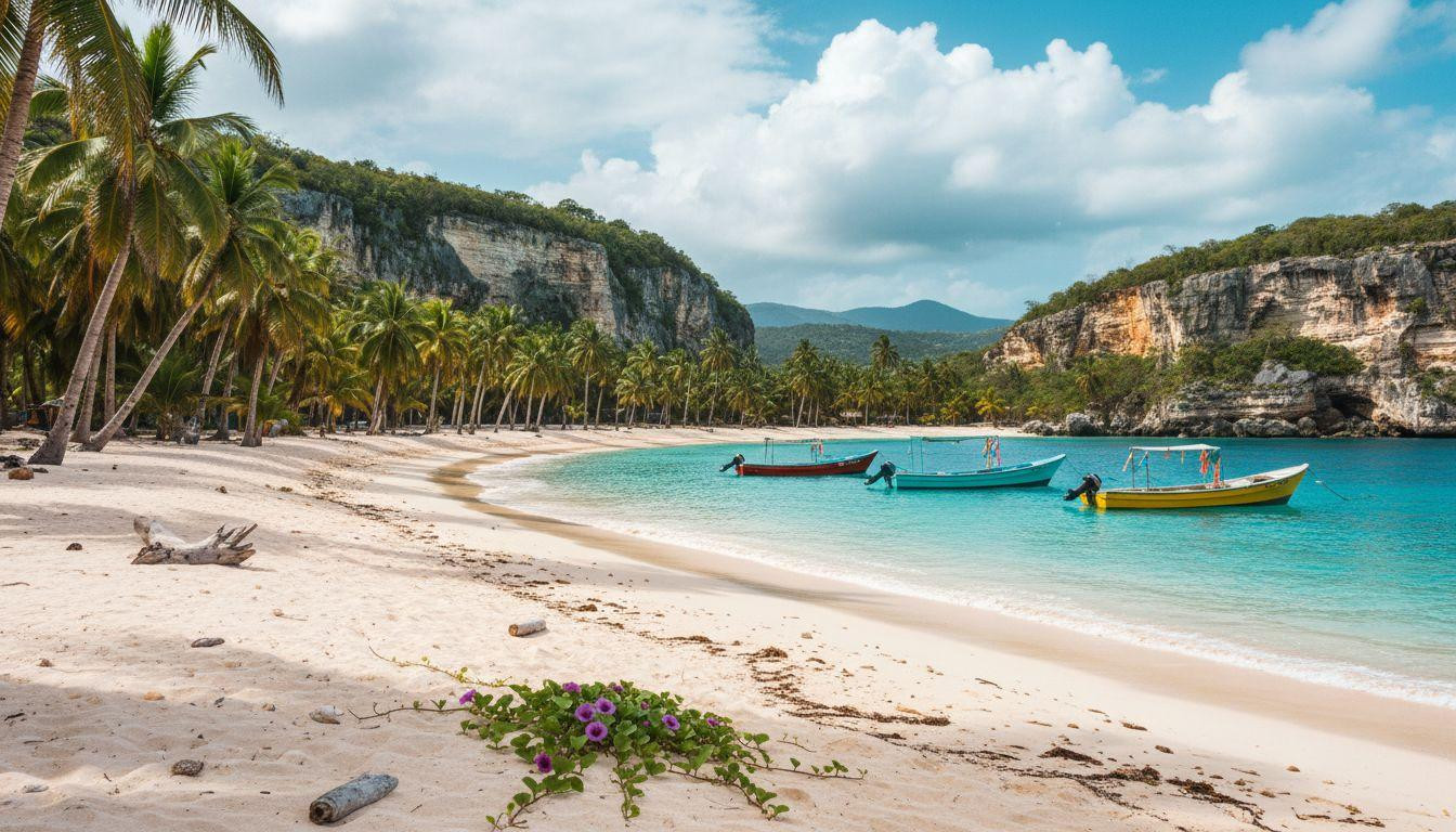 A boat ride filters crowds where 3 kilometers of white sand stays empty