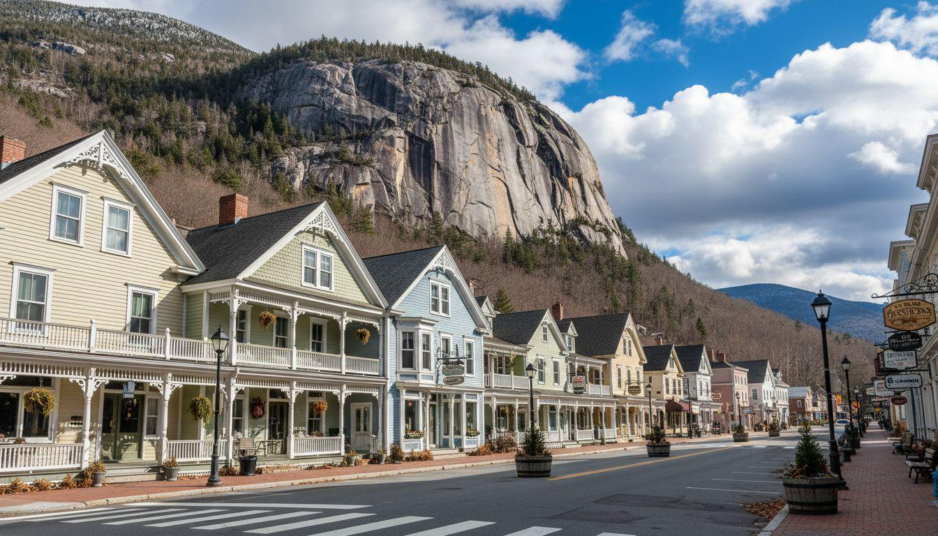 Victorian porches frame 500 foot granite where climbers ascend from Main Street