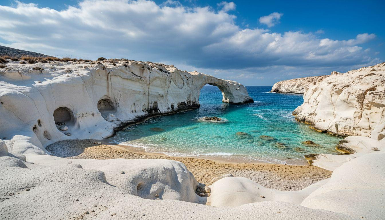 This Greek beach where white volcanic rock glows like frozen moonlight