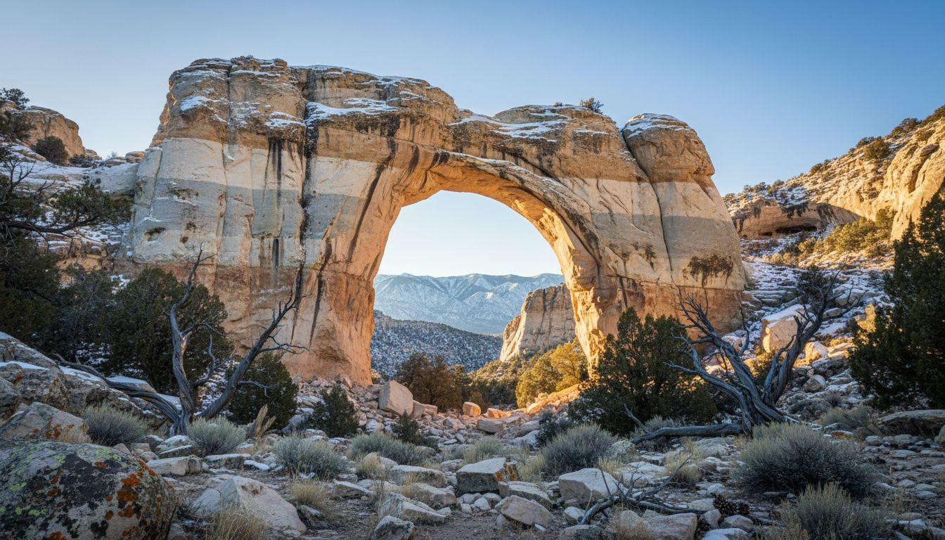 This 75 foot limestone arch hides in Nevada snow where ancient caves collapsed into silence