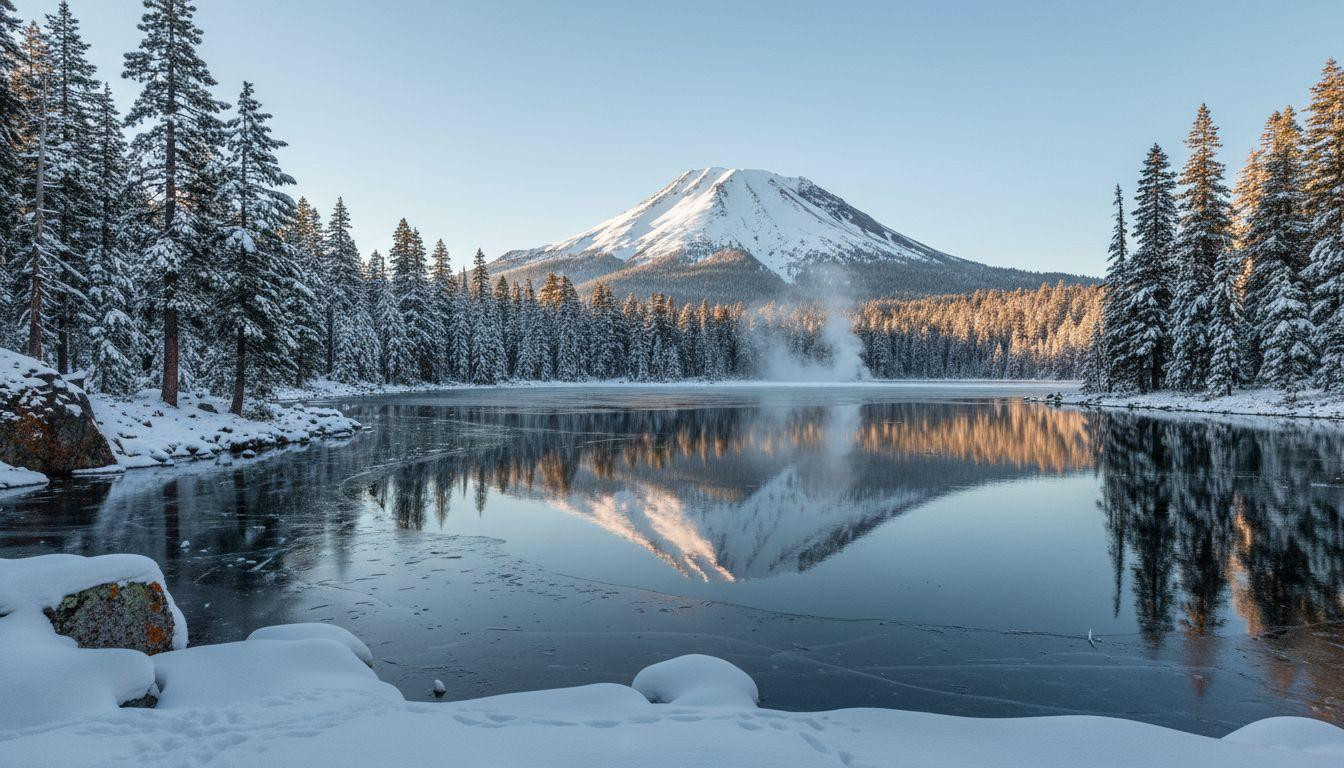 This frozen lake mirrors Lassen Peak in winter silence nobody sees