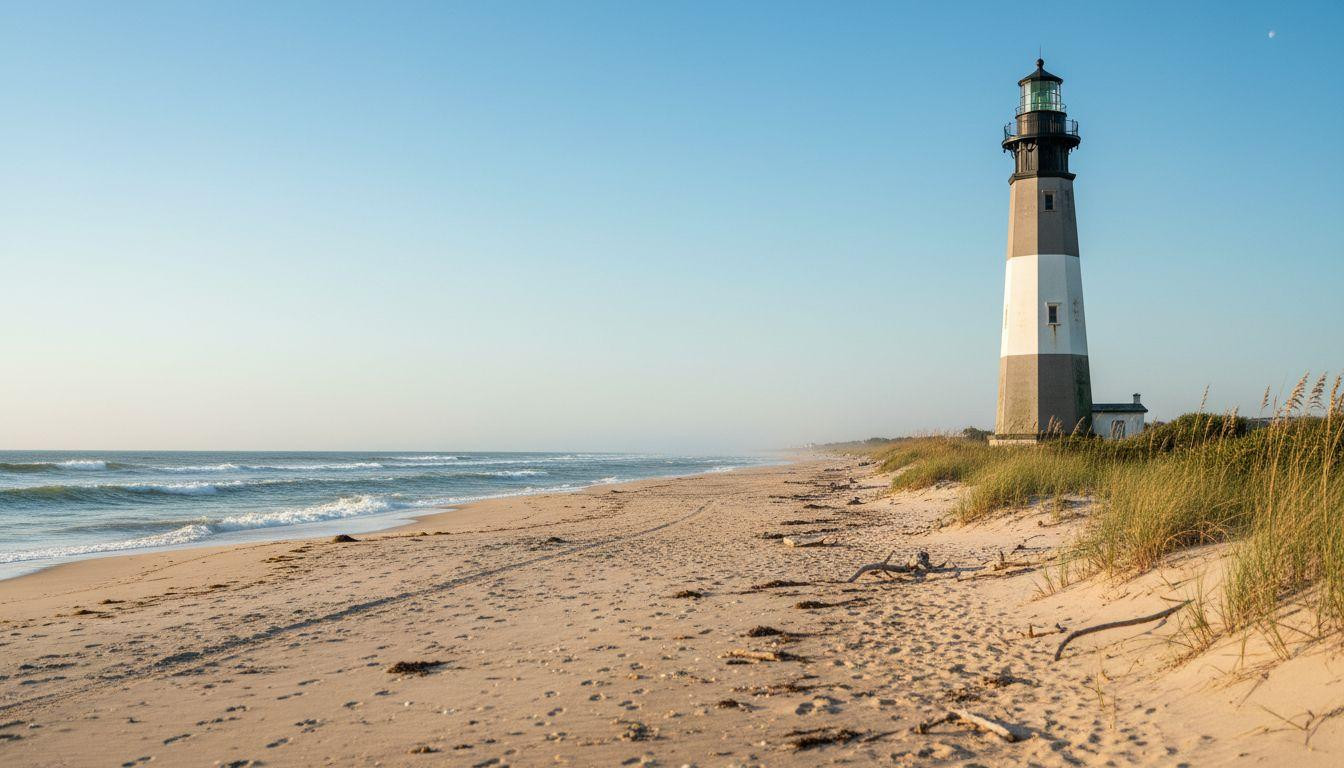 This 1958 lighthouse cuts through morning fog over 12 miles of empty Atlantic beach