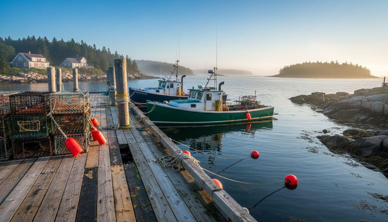 Morning fog wraps this Maine wharf where 80 lobster boats haul dawn traps