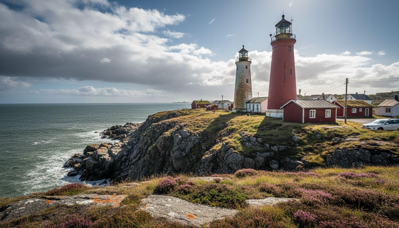This Norwegian lighthouse stands twin above North Sea waves where 207 souls live offshore