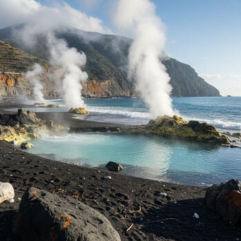 Steam rises from Ischia beaches where volcanic springs keep December water swimmable