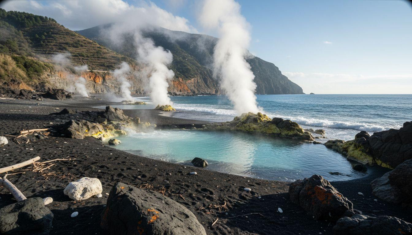 Steam rises from Ischia beaches where volcanic springs keep December water swimmable
