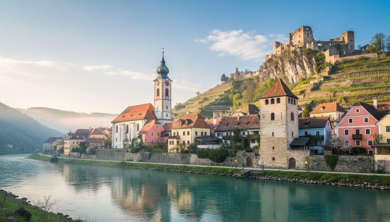 This Austrian village floats in morning mist where a blue baroque tower rises above the Danube