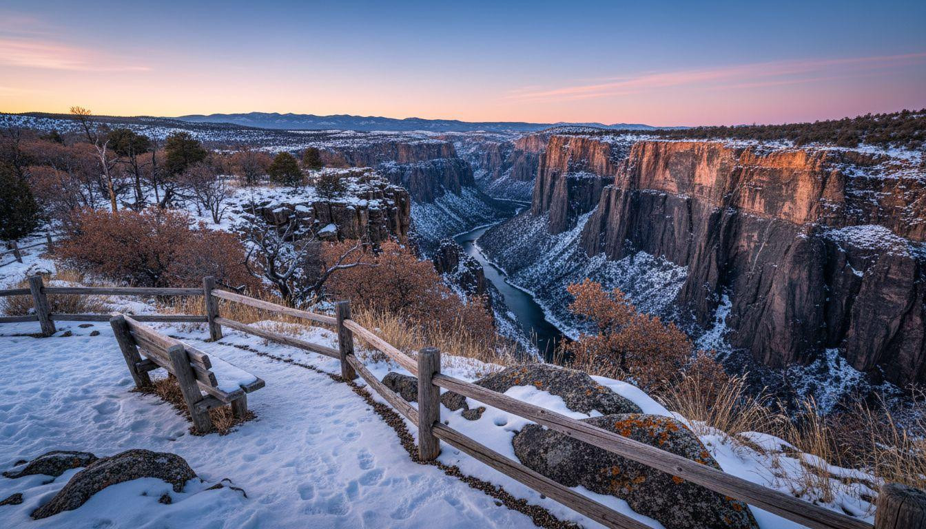 8 snowy rim overlooks where black granite drops 2000 feet into winter silence