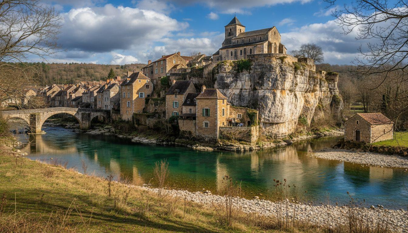 Golden stone houses curve above a turquoise river where 120 residents guard Normandy's painted secret