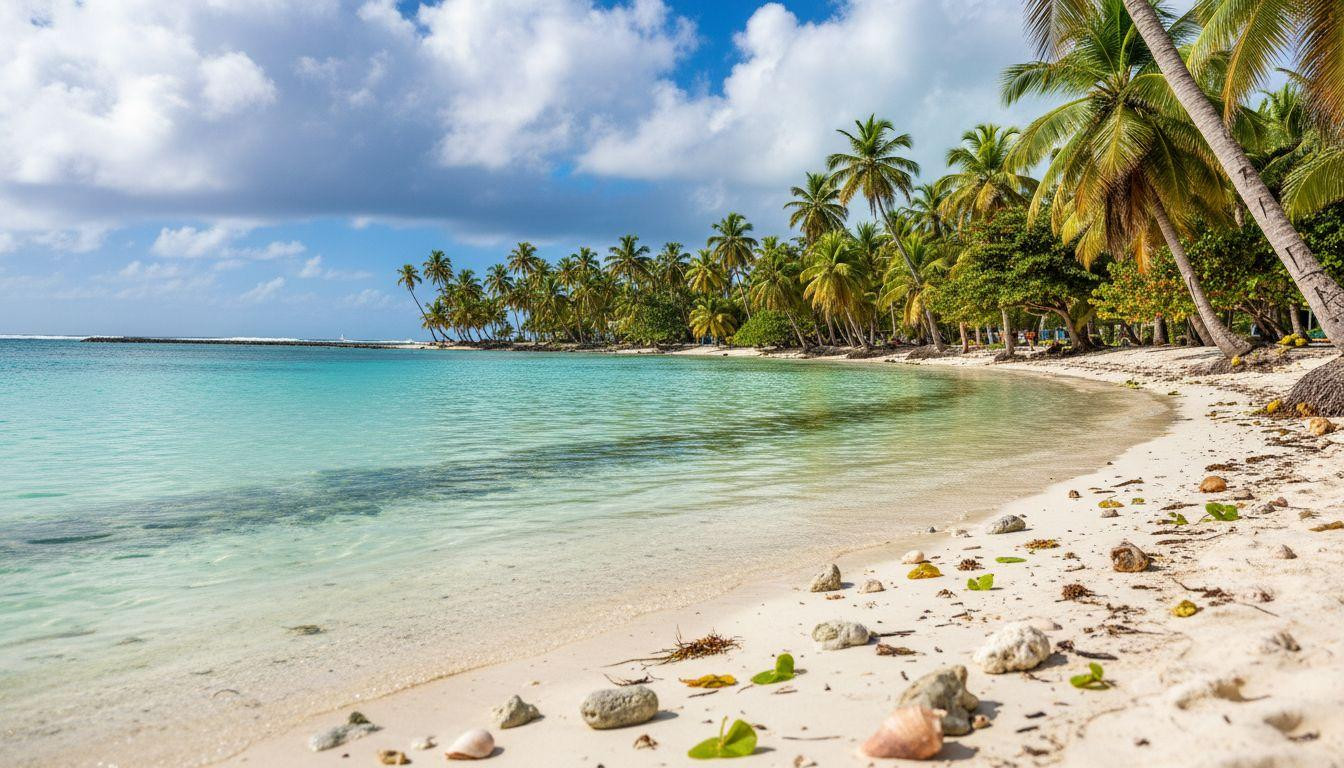 This Guadeloupe lagoon stays knee deep 200 feet offshore where white sand glows beneath clear water