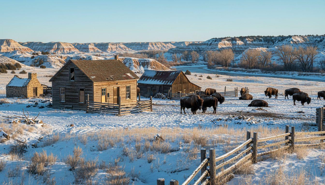 This 1883 ranch house where winter bison move through snowy badlands silence