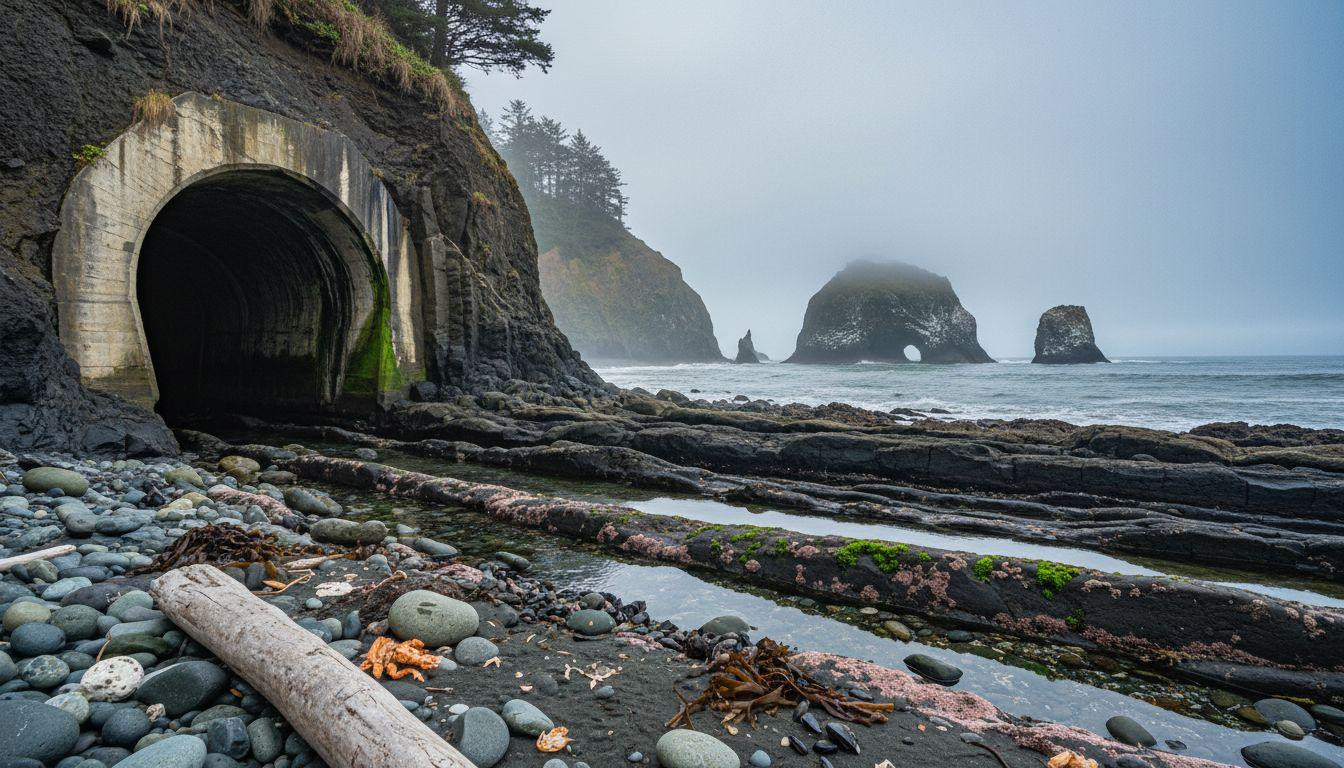 This Oregon tunnel carved through basalt in 1926 opens to fog wrapped sea stacks