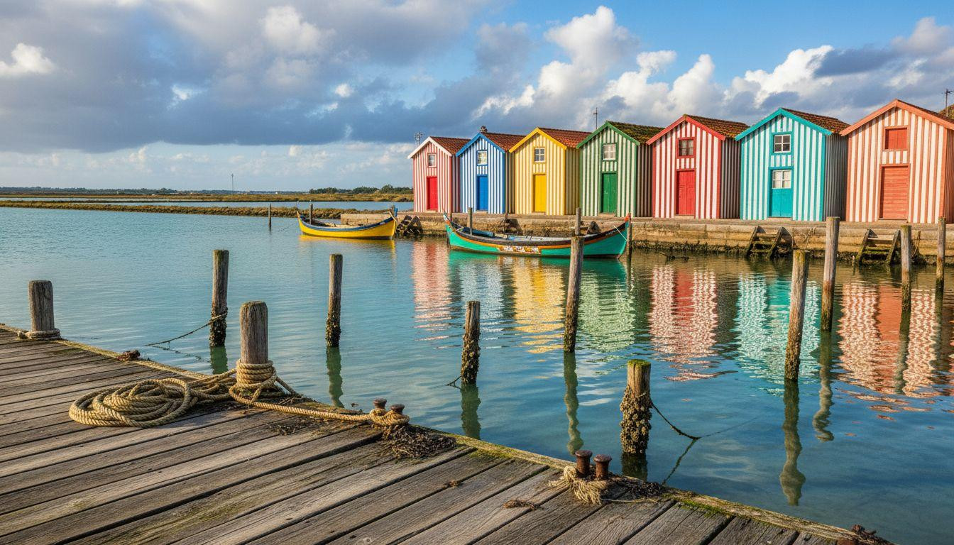 This Portuguese village paints fishing houses in vertical stripes by calm lagoon water