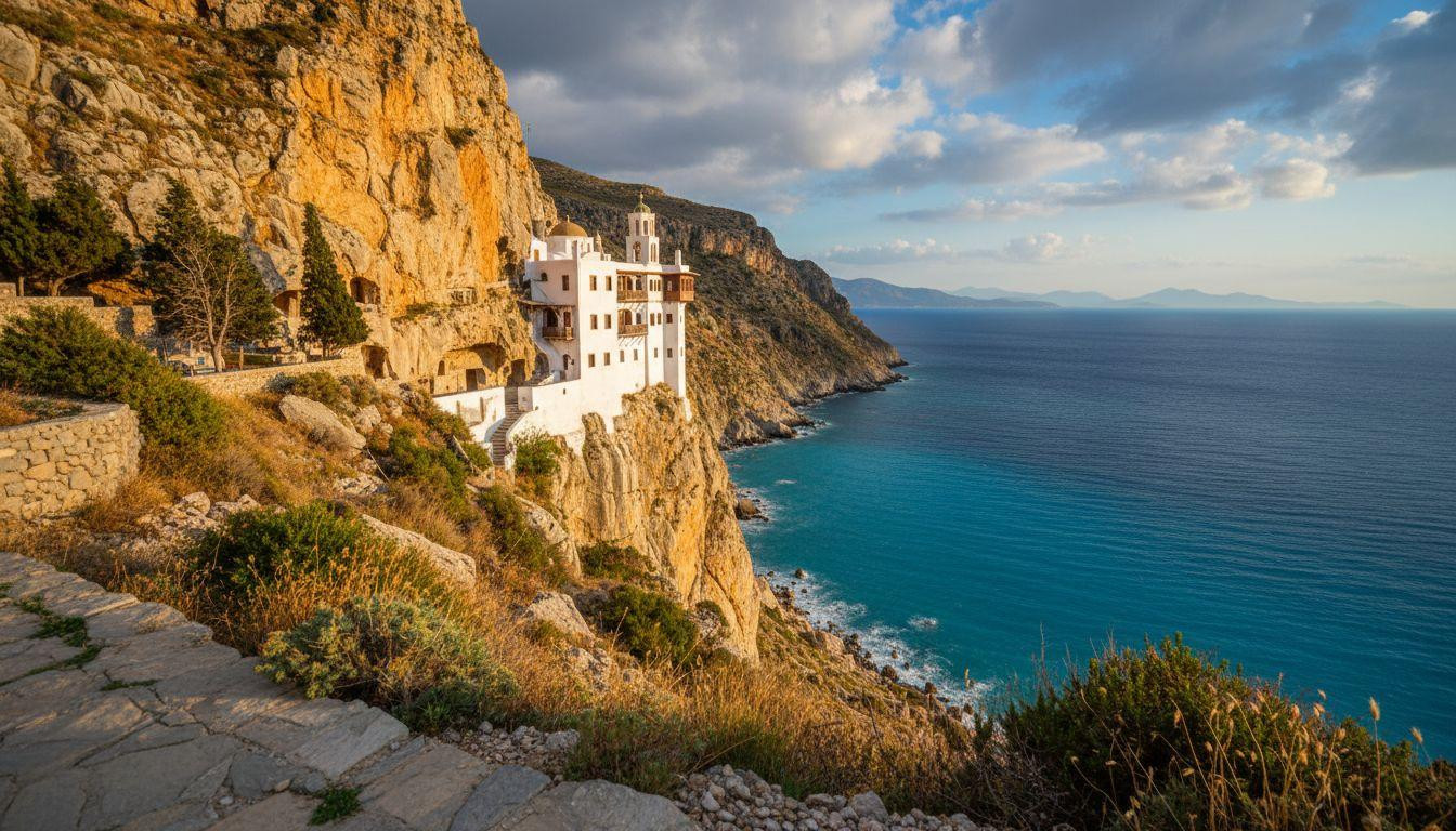 This Greek monastery clings to a golden cliff 300 meters above turquoise water