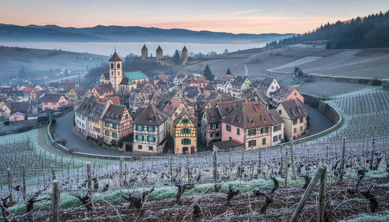 This Alsace village wraps pastel houses in frost covered vines where mist settles at dawn