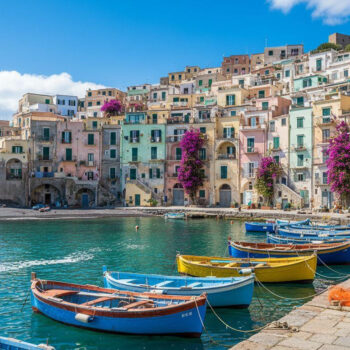 This Italian island stacks pastel houses in tiers above dark volcanic sand beaches