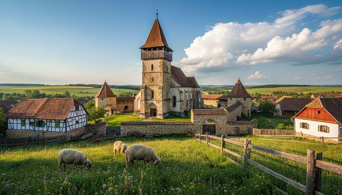 This Saxon church tower rises over 700 villagers farming Transylvania's medieval meadows