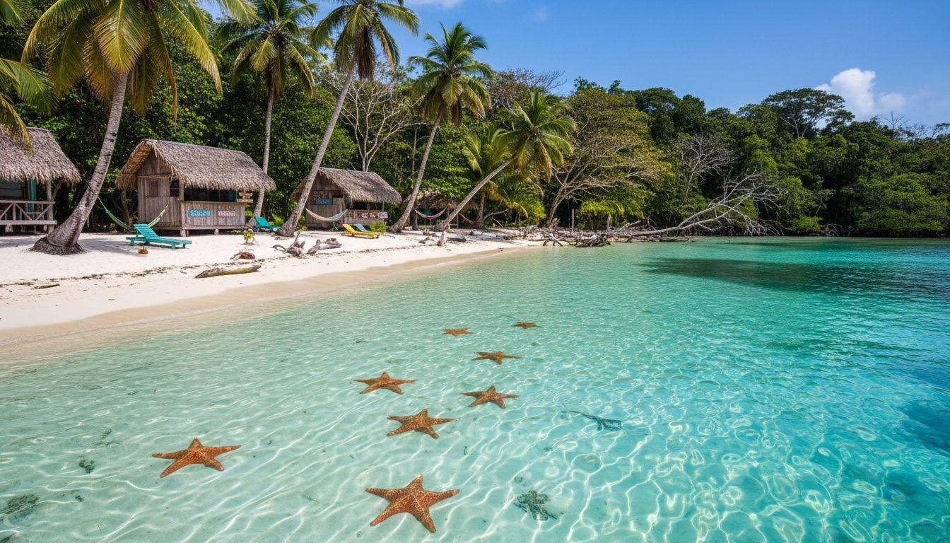 This Panama bay holds orange starfish in waist deep aquamarine you can walk through