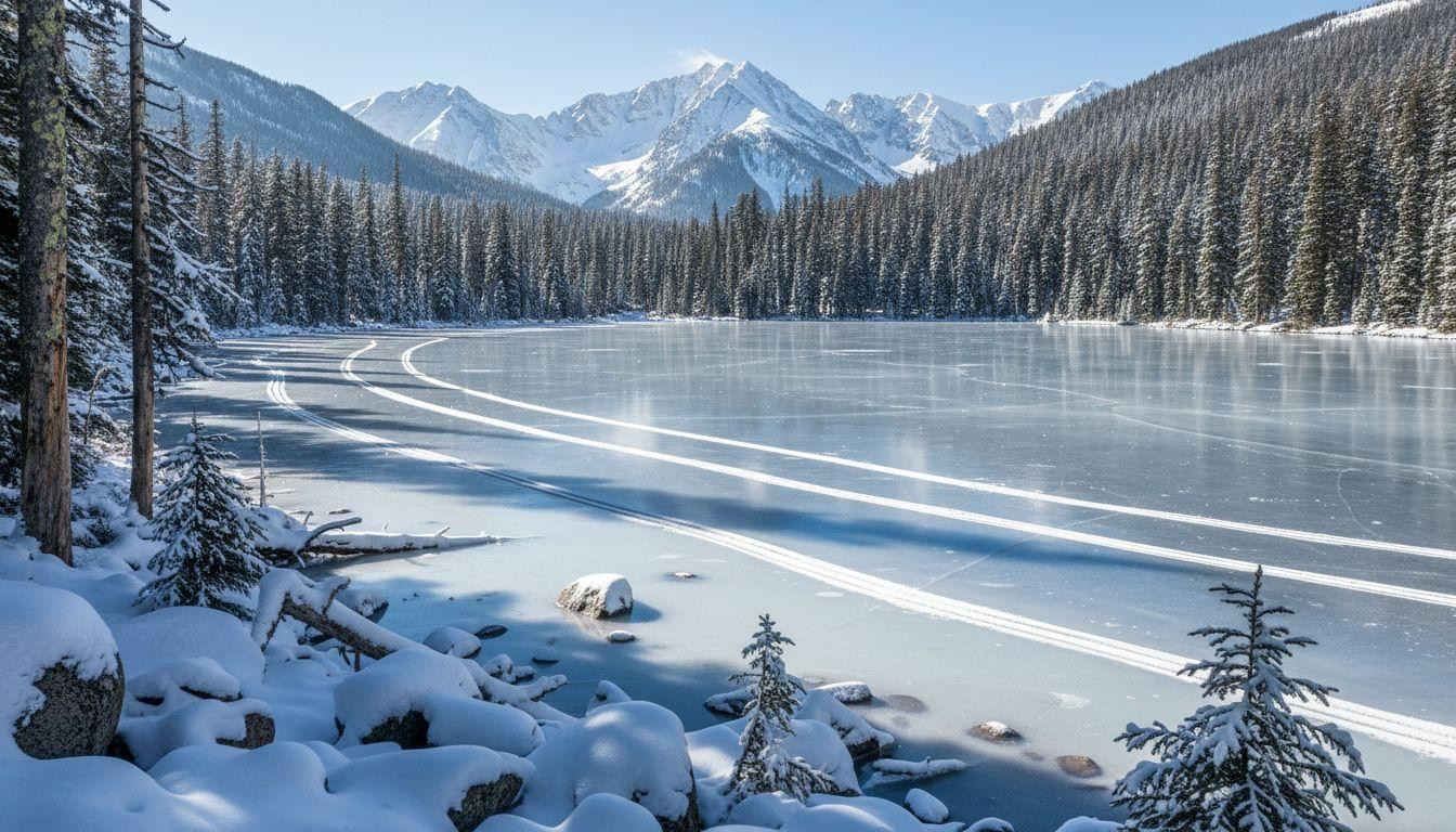 This frozen Colorado lake turns mirror flat where ski tracks curve through 9,437 foot silence