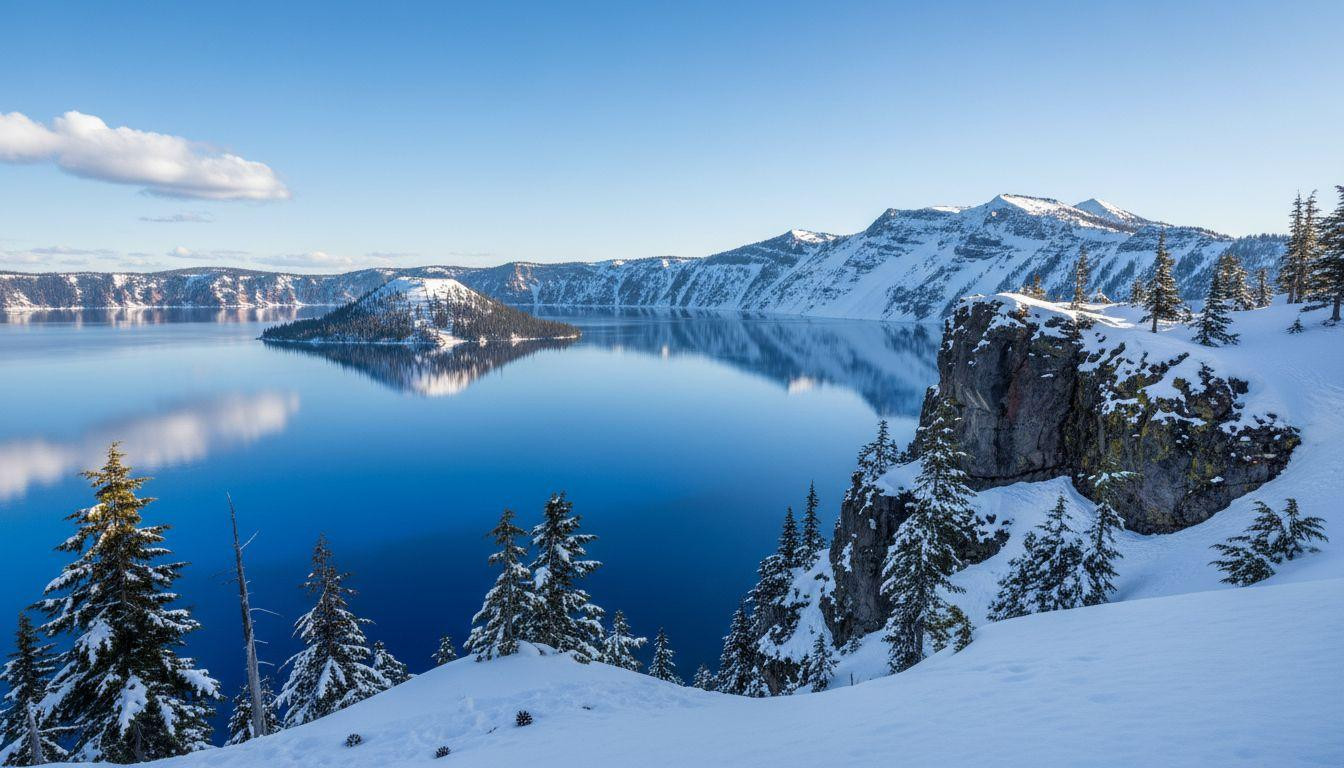 6 snowshoe zones where lava ledges frame blue water above winter silence
