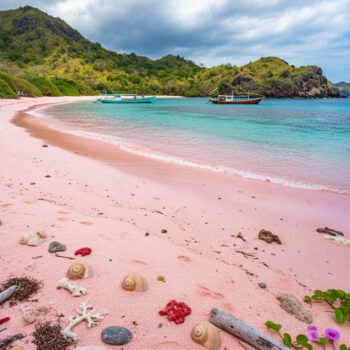 This Indonesian beach turns pink where crushed coral shells meet turquoise water