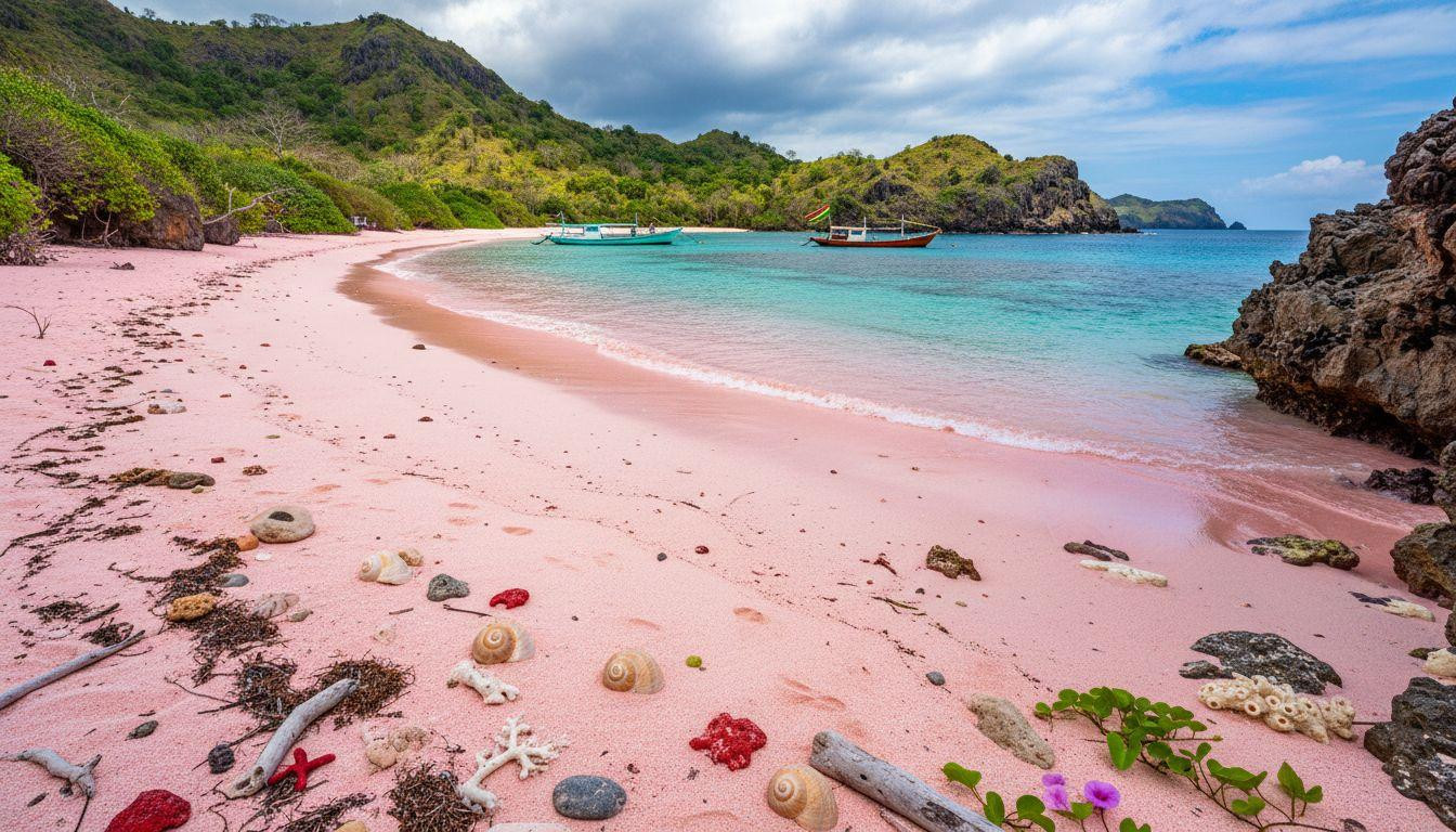 This Indonesian beach turns pink where crushed coral shells meet turquoise water