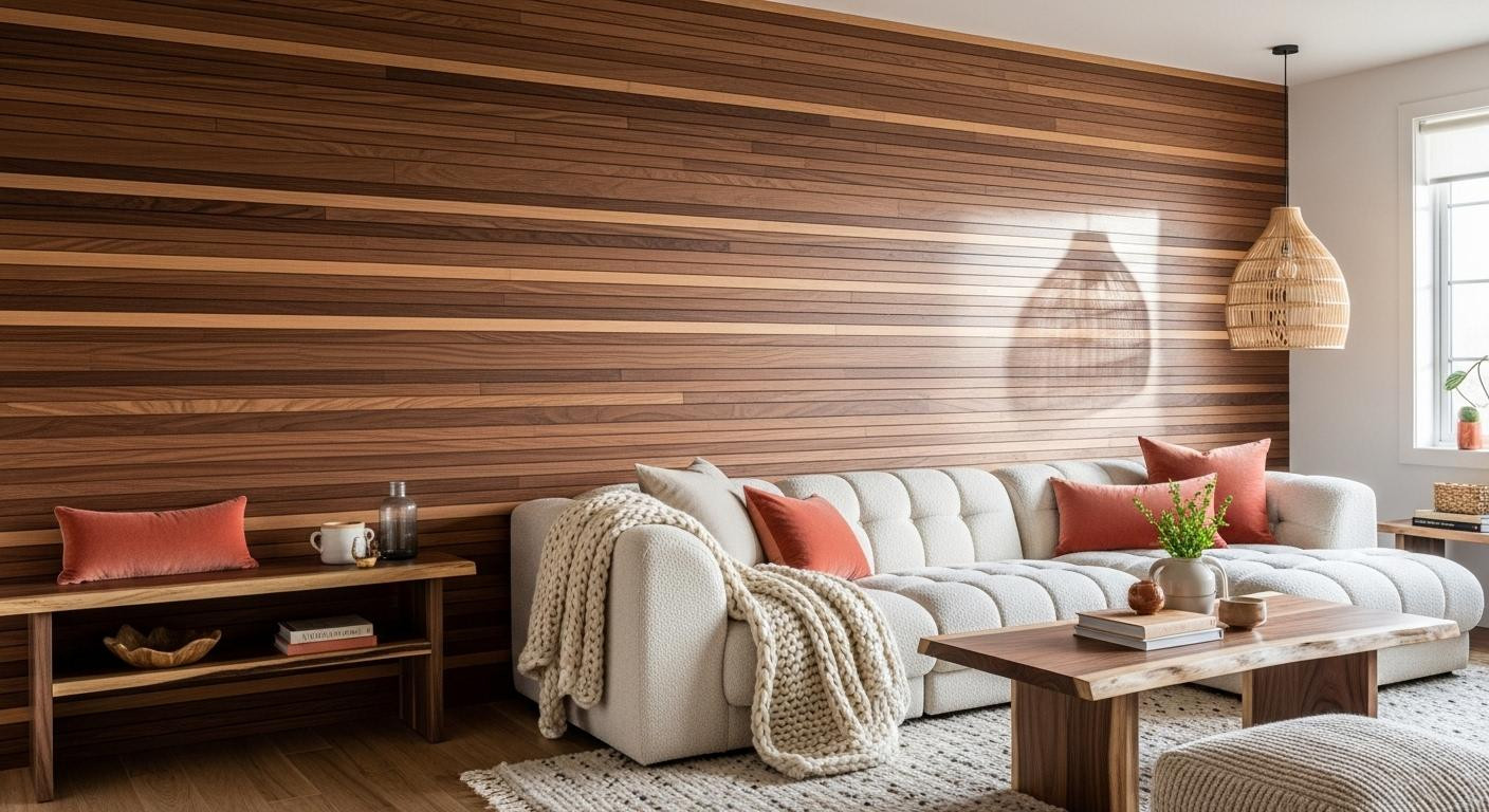 Run your fingers along this walnut living room wall and feel winter warmth in 3 textures