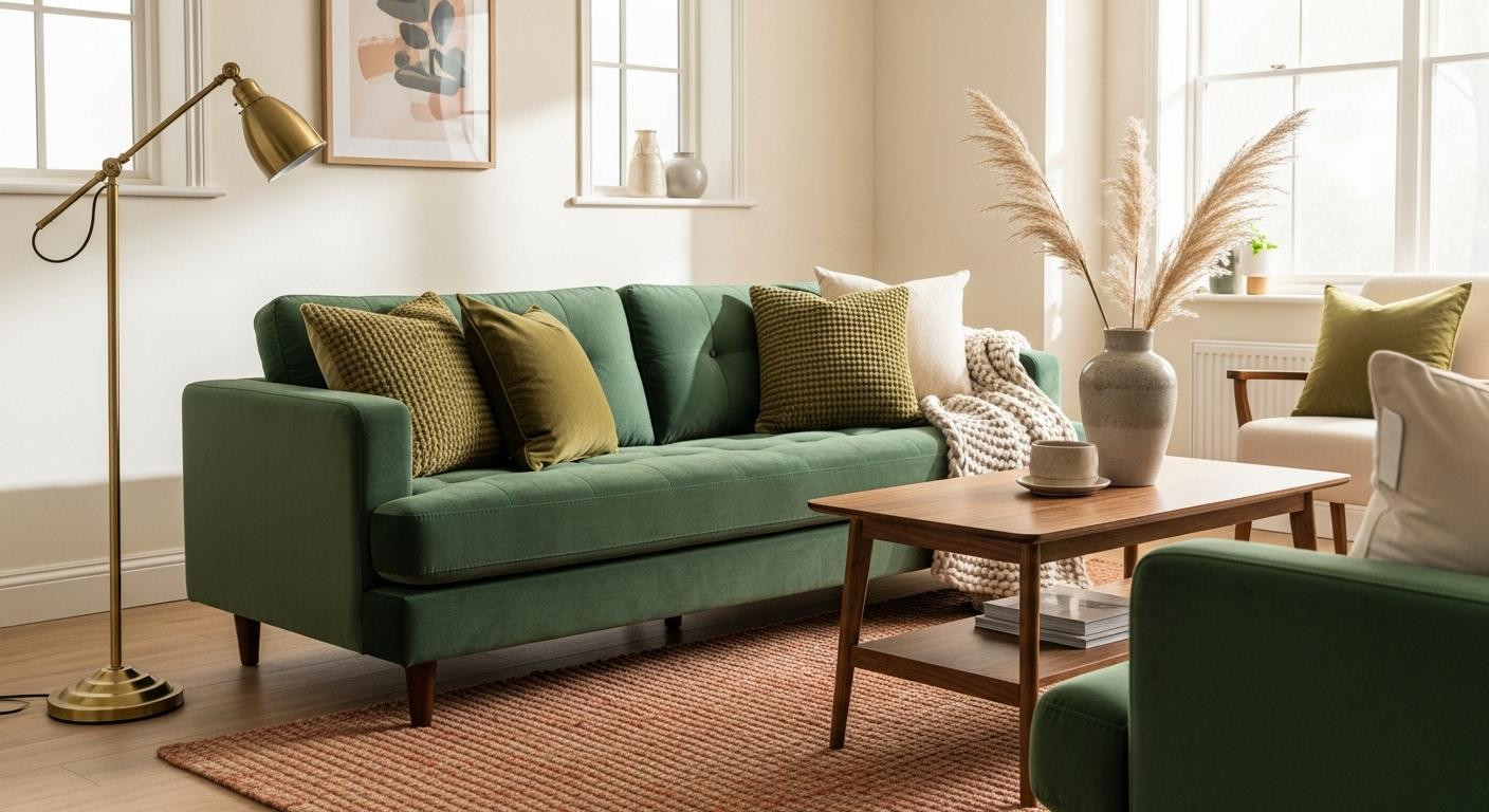 The forest-earthy color flow threading 5 living room pieces that unifies rentals