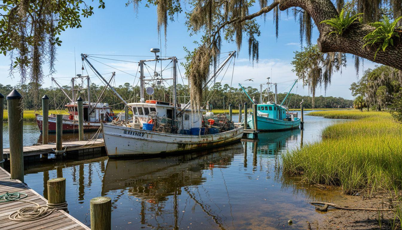 Forget Charleston where shrimp dinners cost and McClellanville keeps working boats drifting through dawn fog for