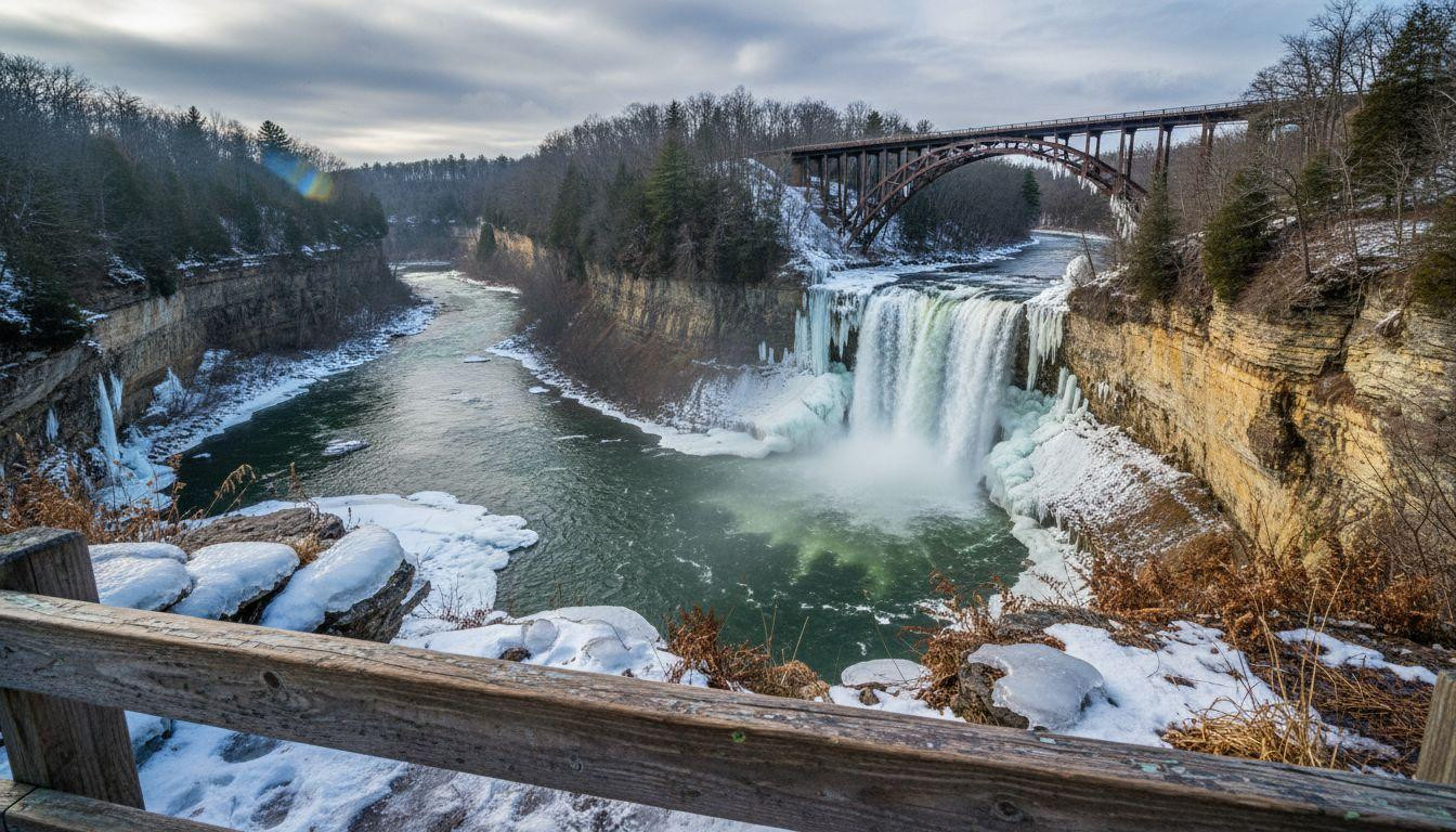 8 waterfall zones where New York's gorge drops 600 feet through winter silence