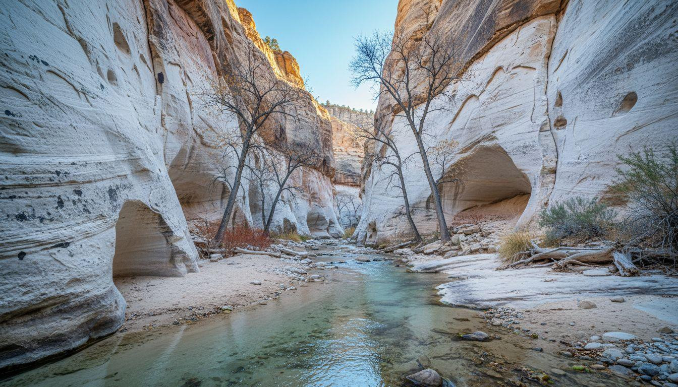 15 winter slot segments where white sandstone rises 1,200 feet above cold water