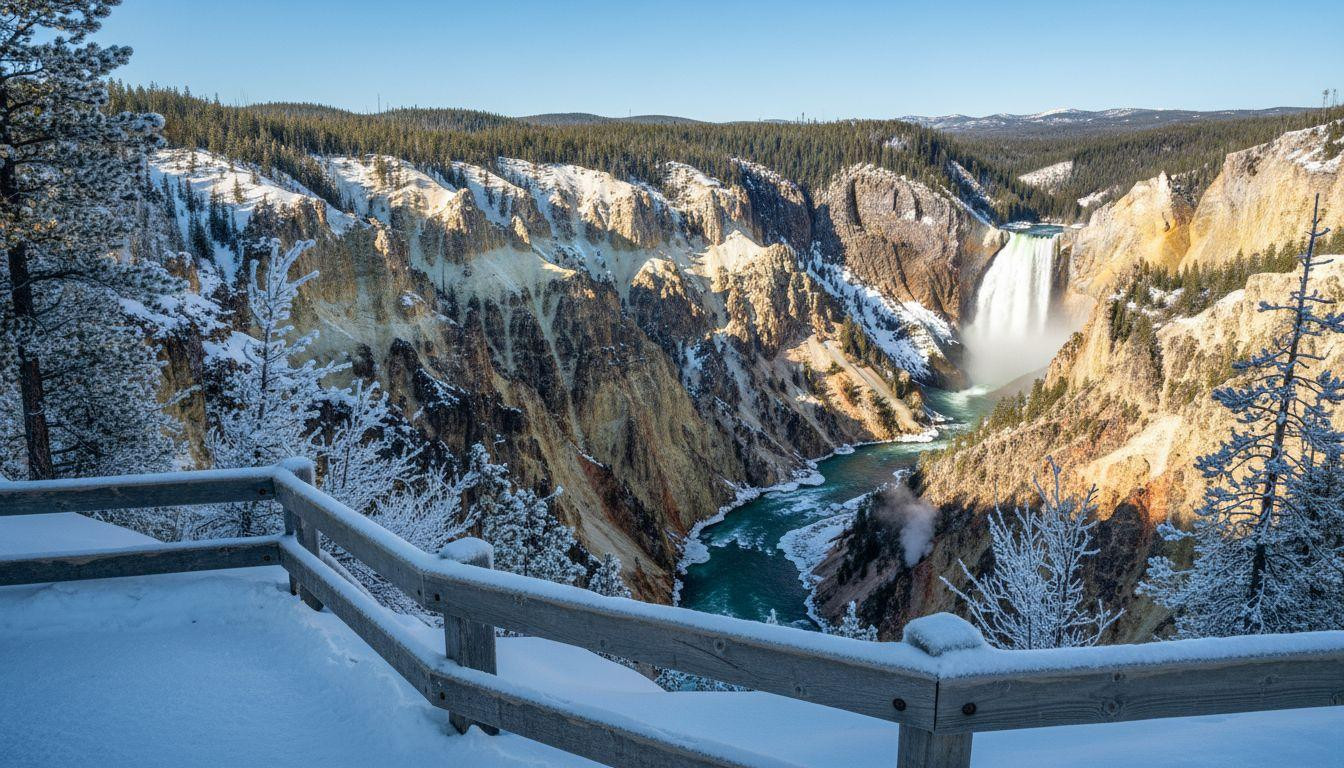 Geothermal minerals paint Wyoming canyon walls yellow orange above turquoise winter water