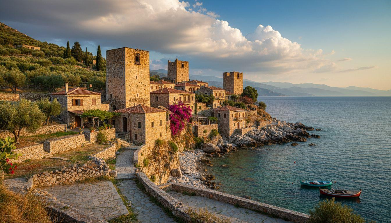 This Greek village keeps medieval defense towers standing where 400 residents watch gulf sunsets