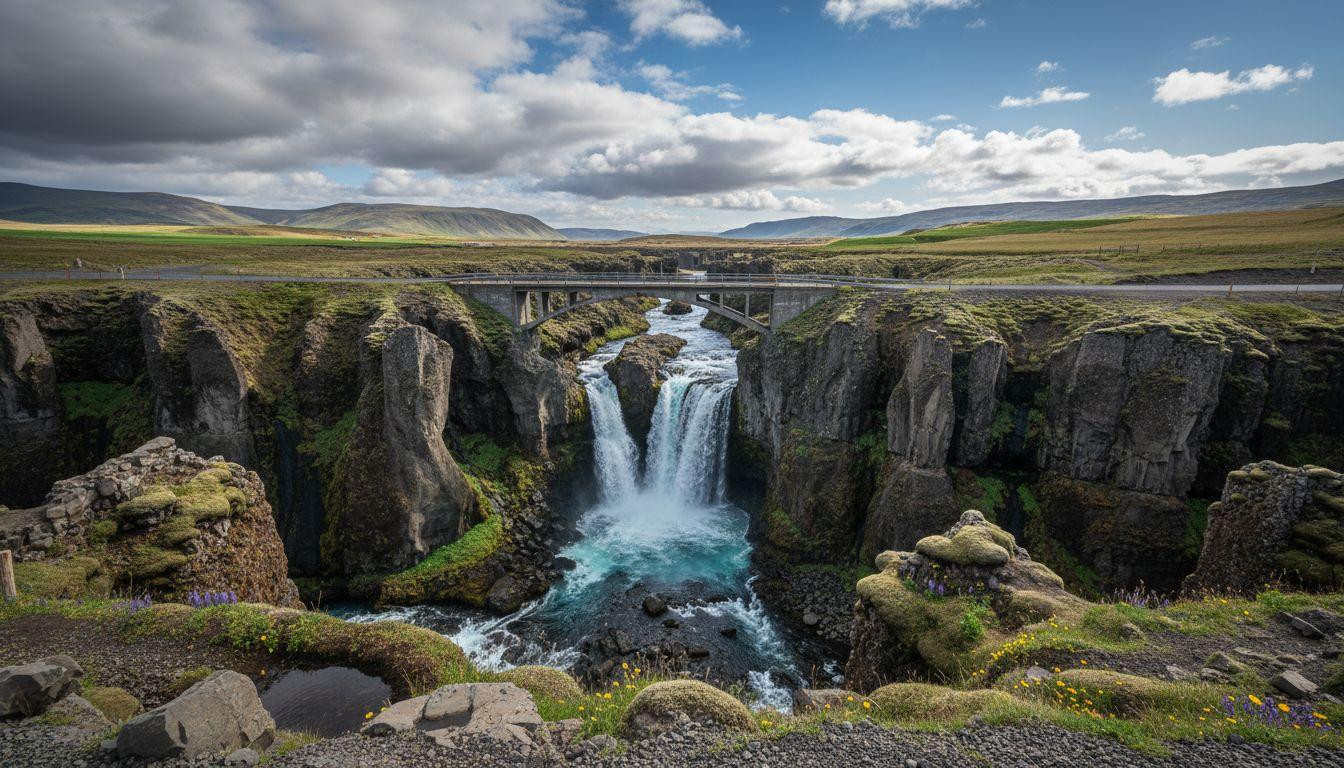This Iceland canyon drops 7 waterfalls beside a bridge tourists drive past daily