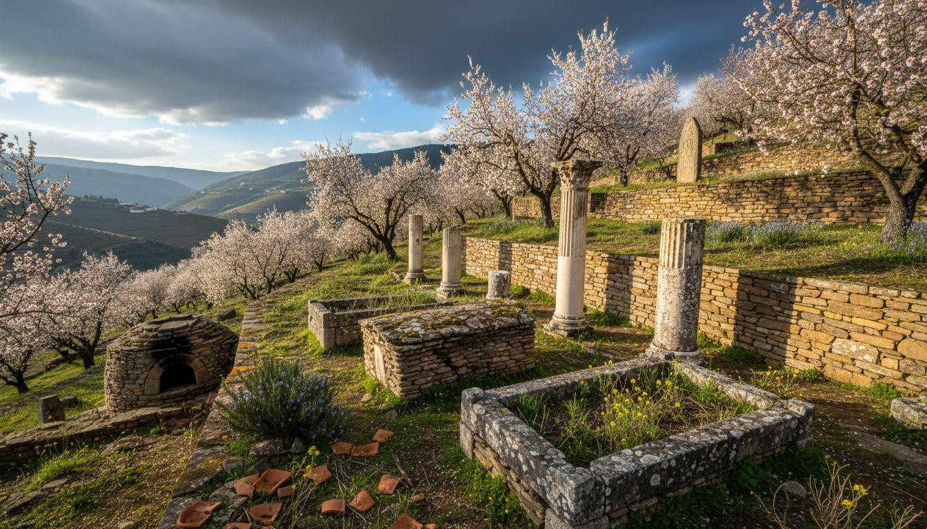Schist graves rise between almond trees where 10,000 years left Roman columns abandoned