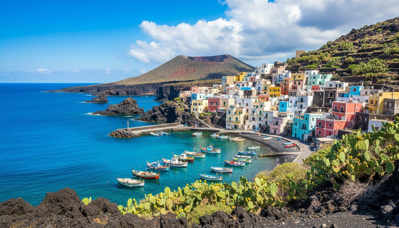 This Mediterranean island paints houses bright yellow above black volcanic cliffs