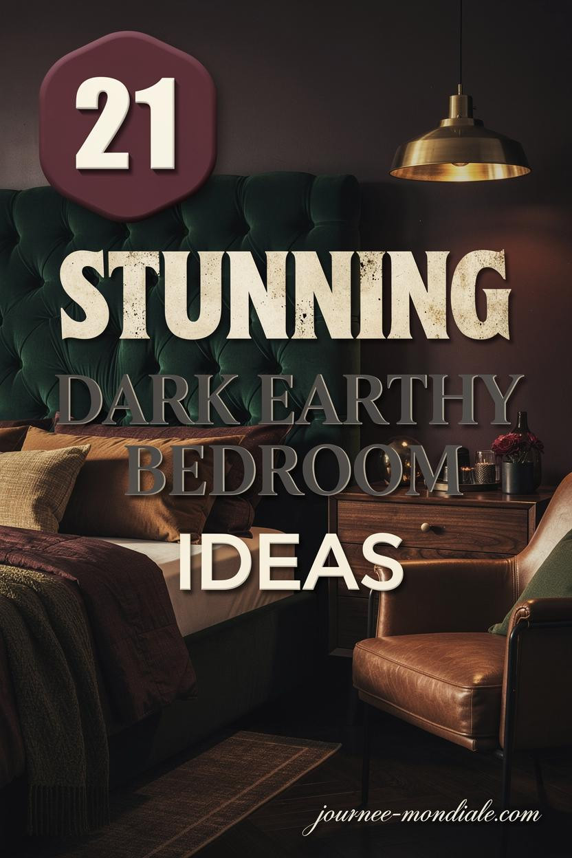 Pinterest collage showcasing luxurious moody bedroom with tufted forest green velvet headboard, walnut furniture, layered earth-toned textiles, brass pendant lights, and warm glow. Bold typography highlights stunning dark earthy design in vamp romantic style with deep burgundy accents and dramatic shadows.