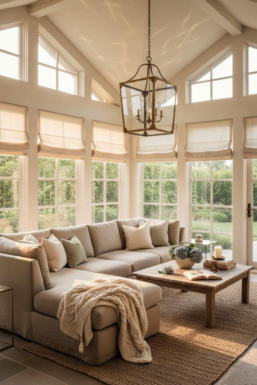 All Season Room Ideas - four season porch with statement brass lantern