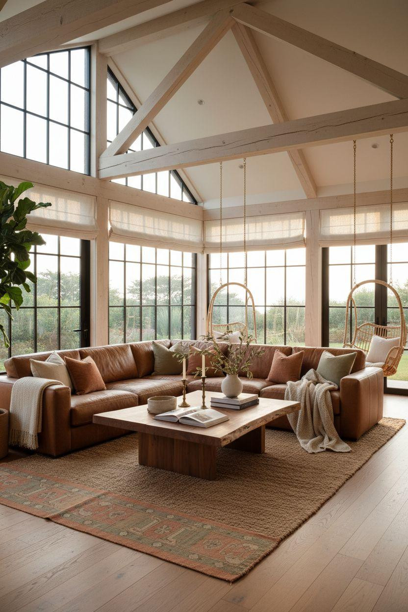 All Season Room Ideas - enclosed sunroom with cognac leather