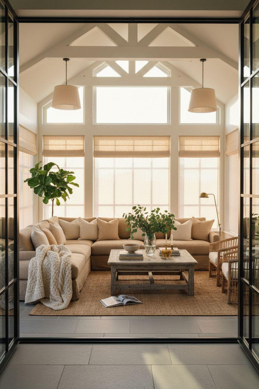 All Season Room Ideas - sunroom addition off living room with limestone