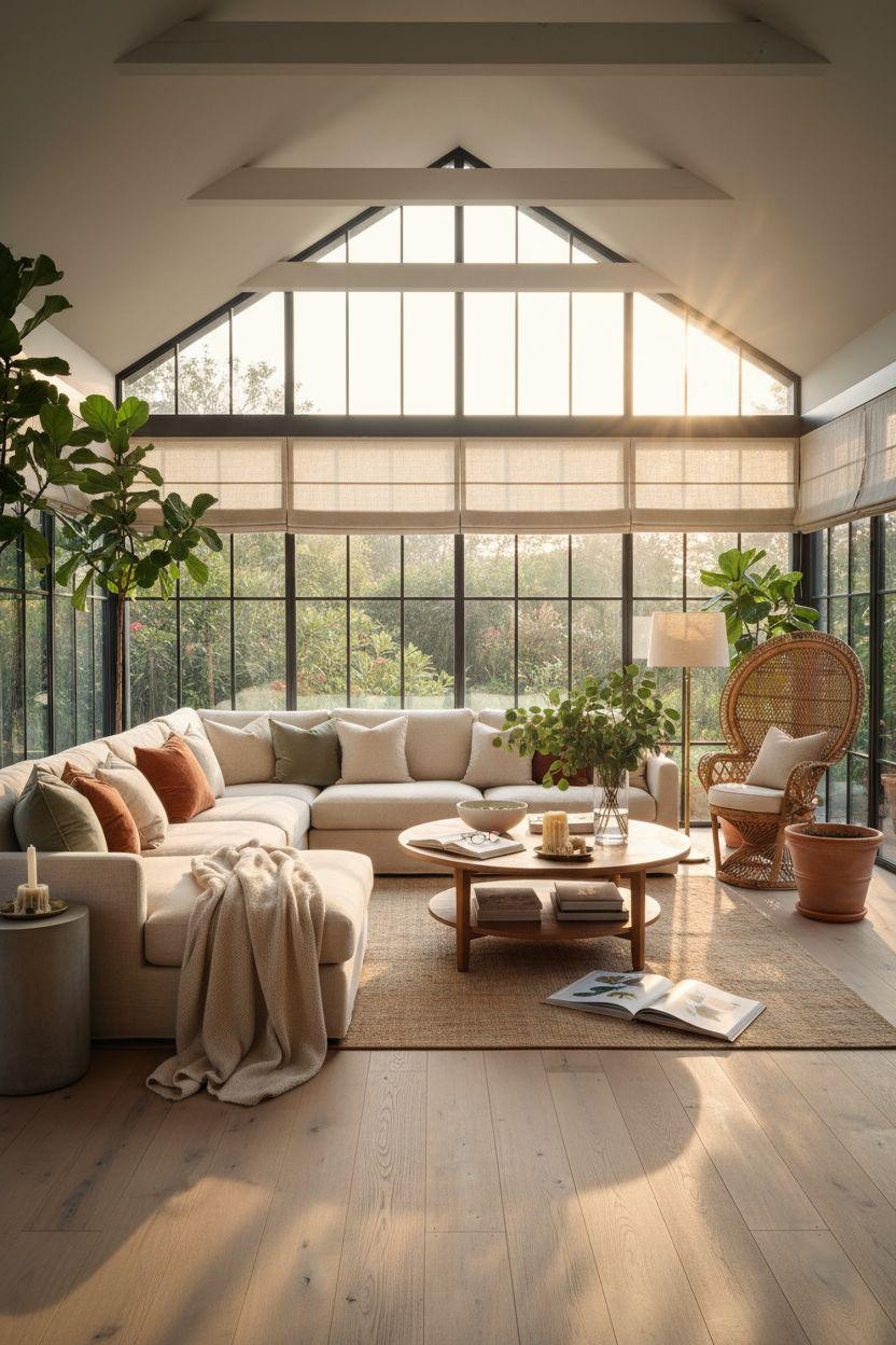 All Season Room Ideas - four season sunroom with honey oak flooring