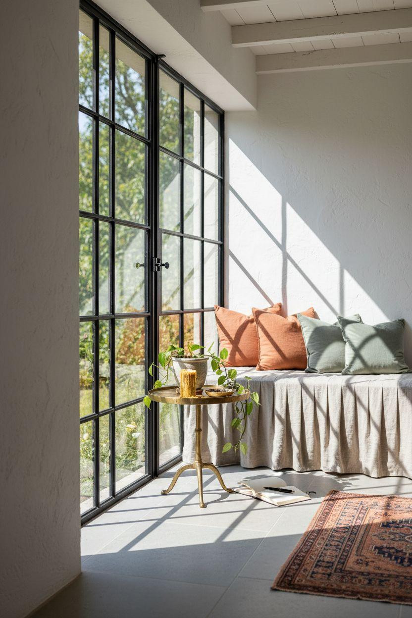 All Season Room Ideas - black steel window frames with geometric shadows