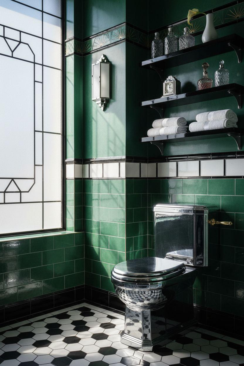Art Deco bathroom with jade tiles and geometric chrome toilet fixture