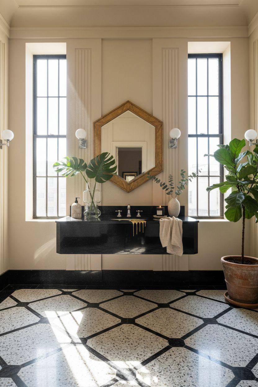 Art Deco bathroom with minimalist black lacquer vanity and brass hexagon mirror