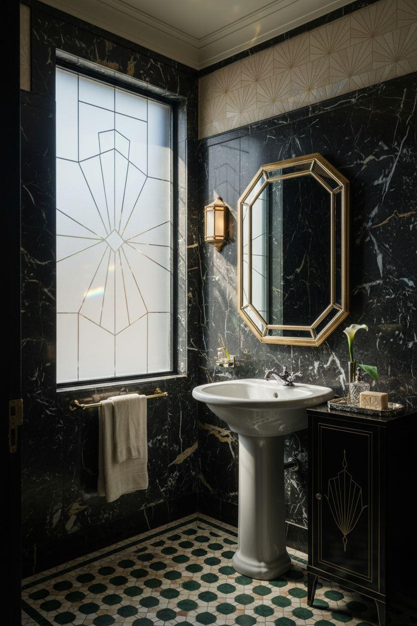 Art Deco bathroom featuring black marble with dramatic gold veining
