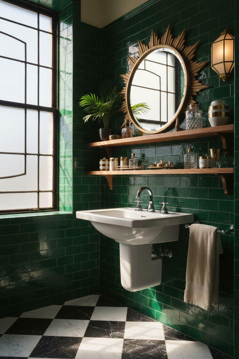 Art Deco bathroom with walnut shelves and geometric emerald tile work