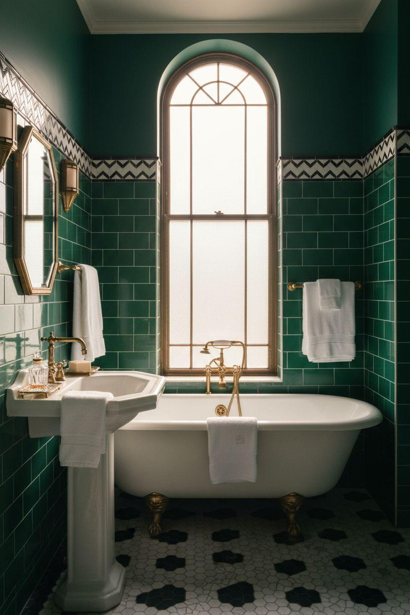 Art Deco bathroom with emerald subway tiles and vintage clawfoot tub