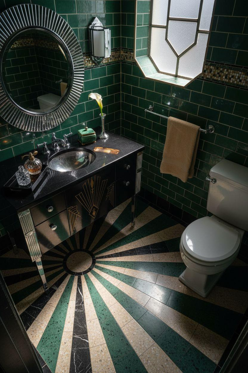 Art Deco bathroom with emerald terrazzo flooring and dramatic side lighting