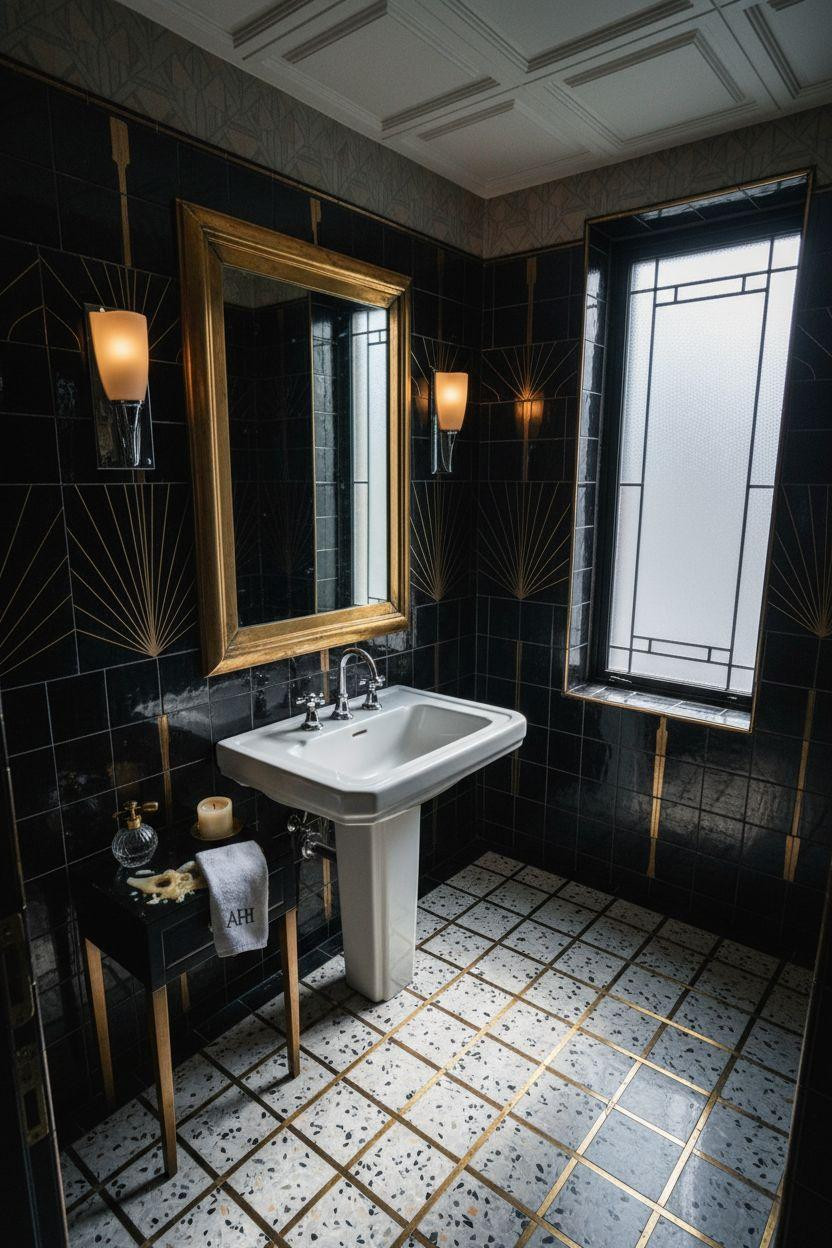 Art Deco bathroom overhead view with black terrazzo and brass fixtures