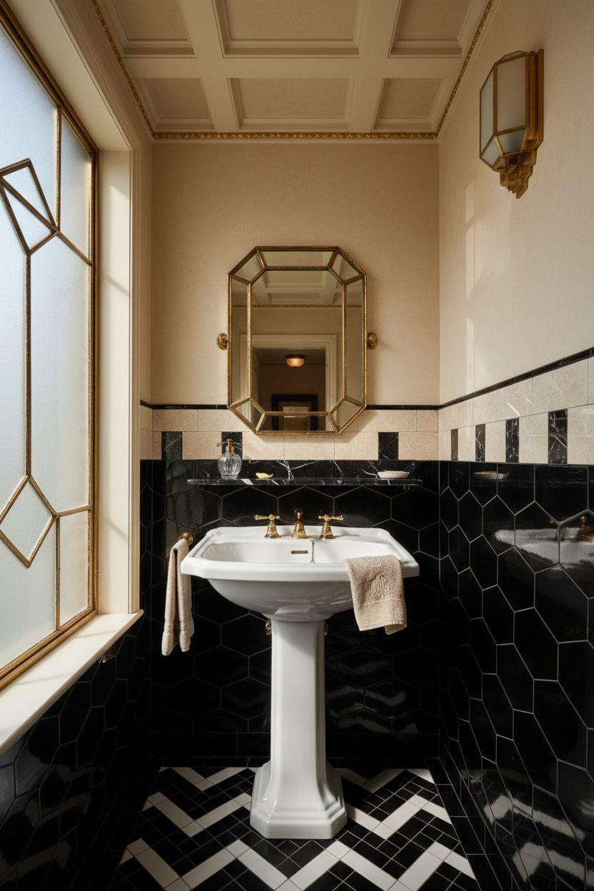 Art Deco bathroom with black and cream hexagonal honeycomb tile design